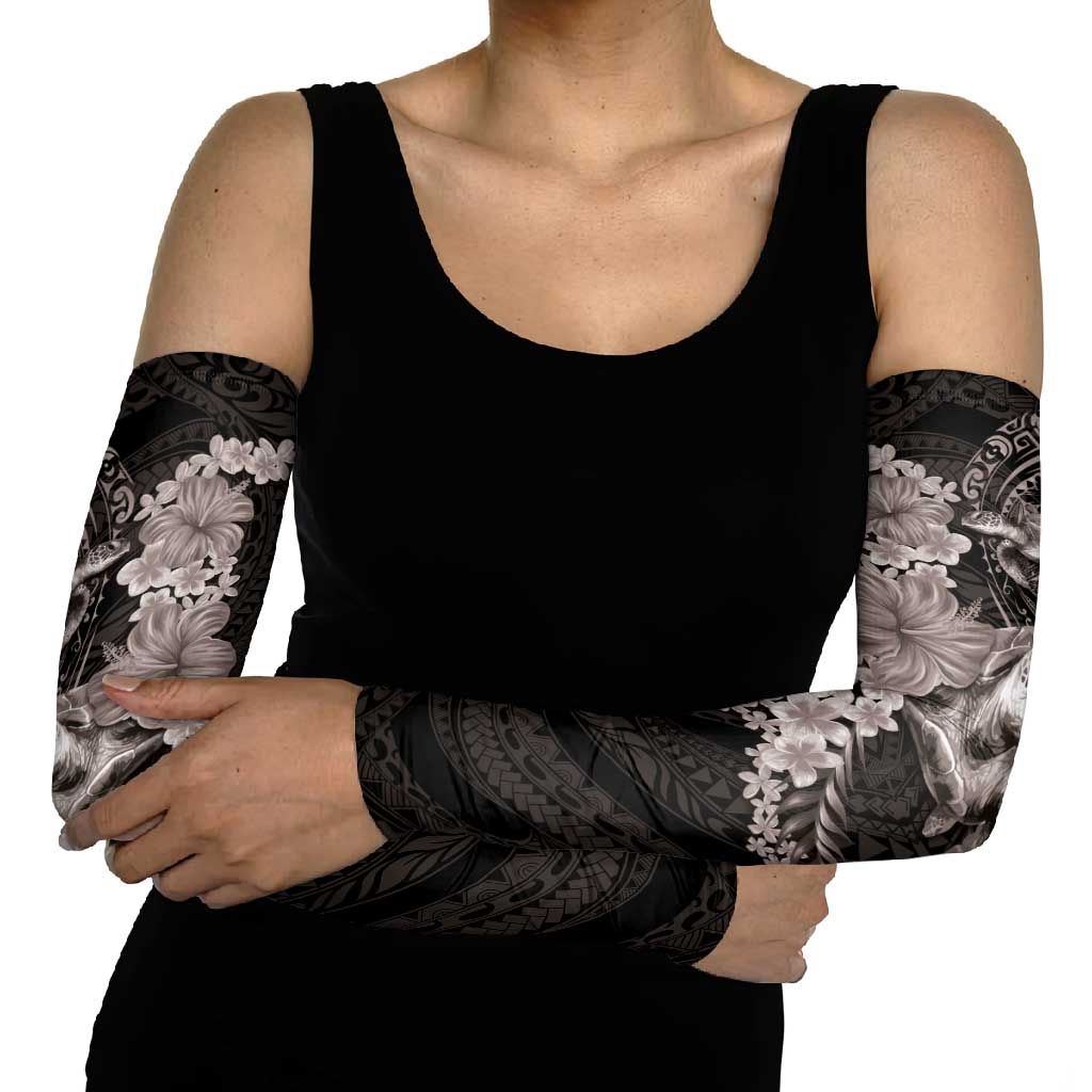 Hawaiian Plumeria and Hibiscus with Turtles Arm Sleeves Polynesian Art Grayscale - Polynesian Pride