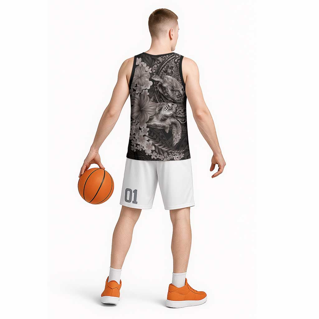 Hawaiian Plumeria and Hibiscus with Turtles Basketball Jersey Polynesian Art Grayscale - Polynesian Pride