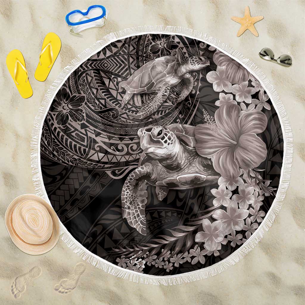 Hawaiian Plumeria and Hibiscus with Turtles Beach Blanket Polynesian Art Grayscale - Polynesian Pride