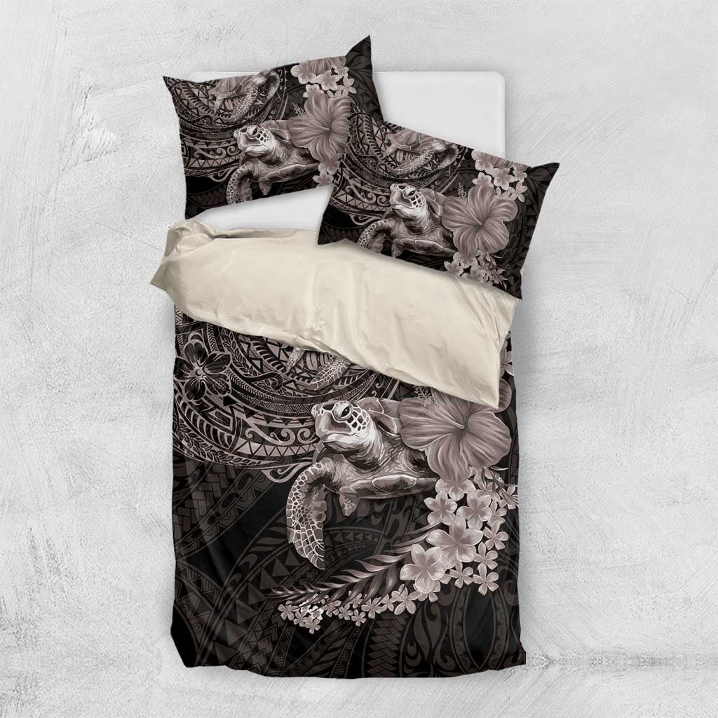 Hawaiian Plumeria and Hibiscus with Turtles Bedding Set Polynesian Art Grayscale - Polynesian Pride