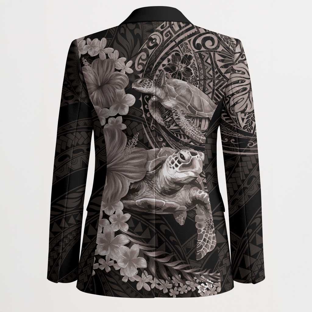 Hawaiian Plumeria and Hibiscus with Turtles Blazer Polynesian Art Grayscale - Polynesian Pride