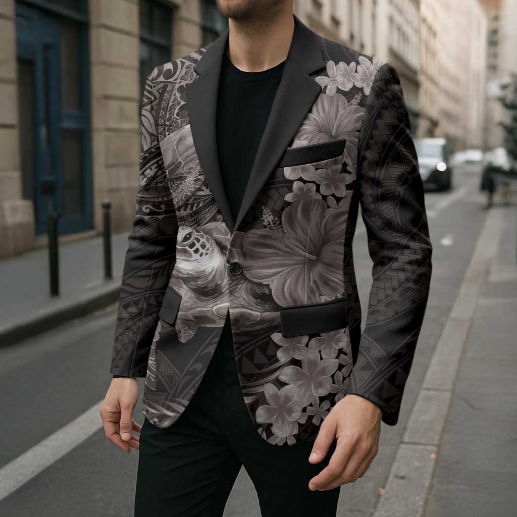 Hawaiian Plumeria and Hibiscus with Turtles Blazer Polynesian Art Grayscale - Polynesian Pride