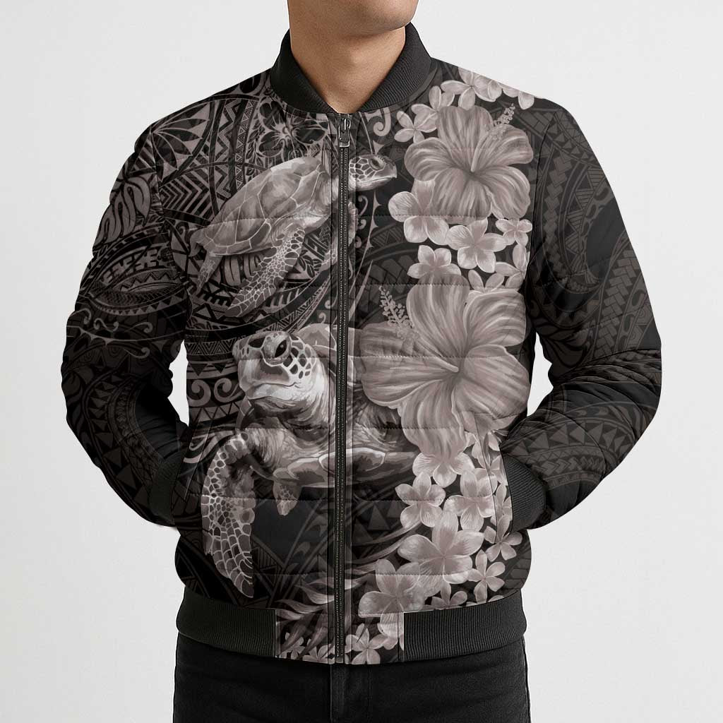 Hawaiian Plumeria and Hibiscus with Turtles Bomber Puffer Jacket Polynesian Art Grayscale - Polynesian Pride
