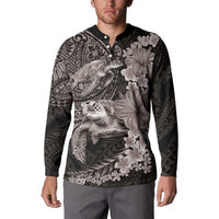 Hawaiian Plumeria and Hibiscus with Turtles Button Sweatshirt Polynesian Art Grayscale - Polynesian Pride