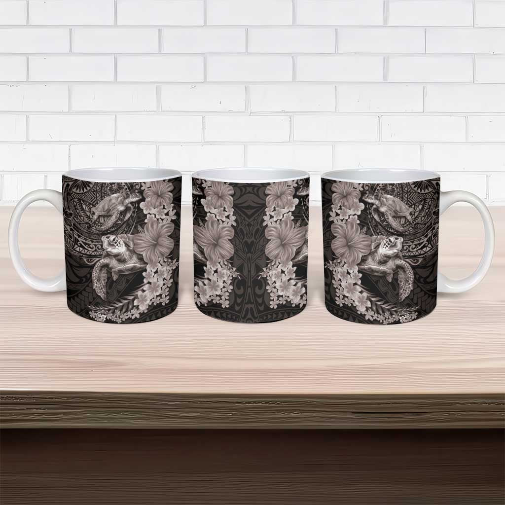 Hawaiian Plumeria and Hibiscus with Turtles Ceramic Mug Polynesian Art Grayscale - Polynesian Pride