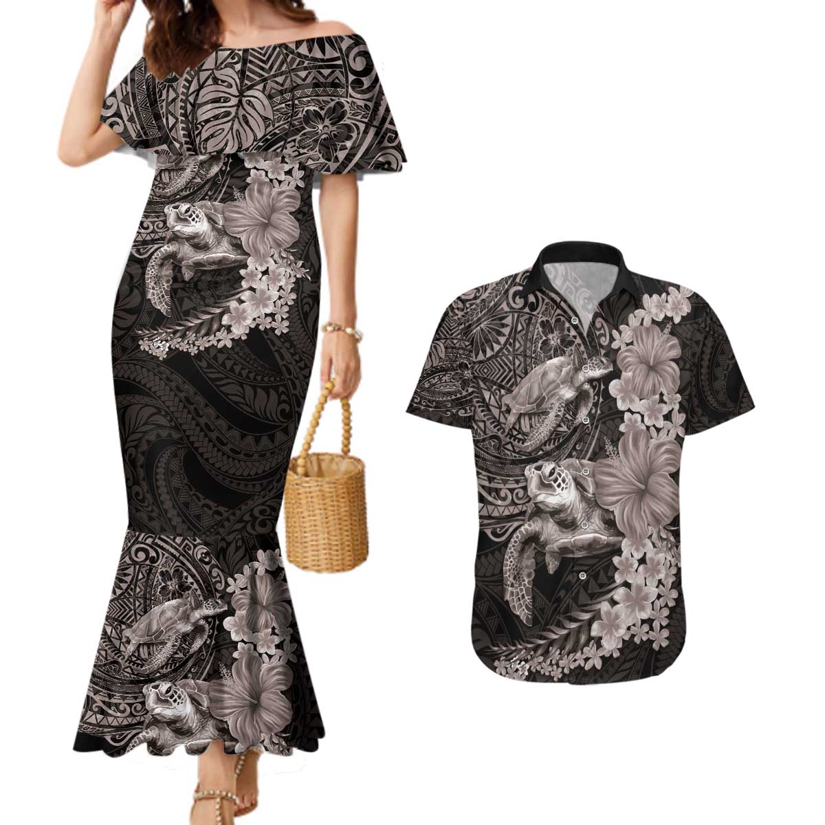 Hawaiian Plumeria and Hibiscus with Turtles Couples Matching Mermaid Dress and Hawaiian Shirt Polynesian Art Grayscale - Polynesian Pride