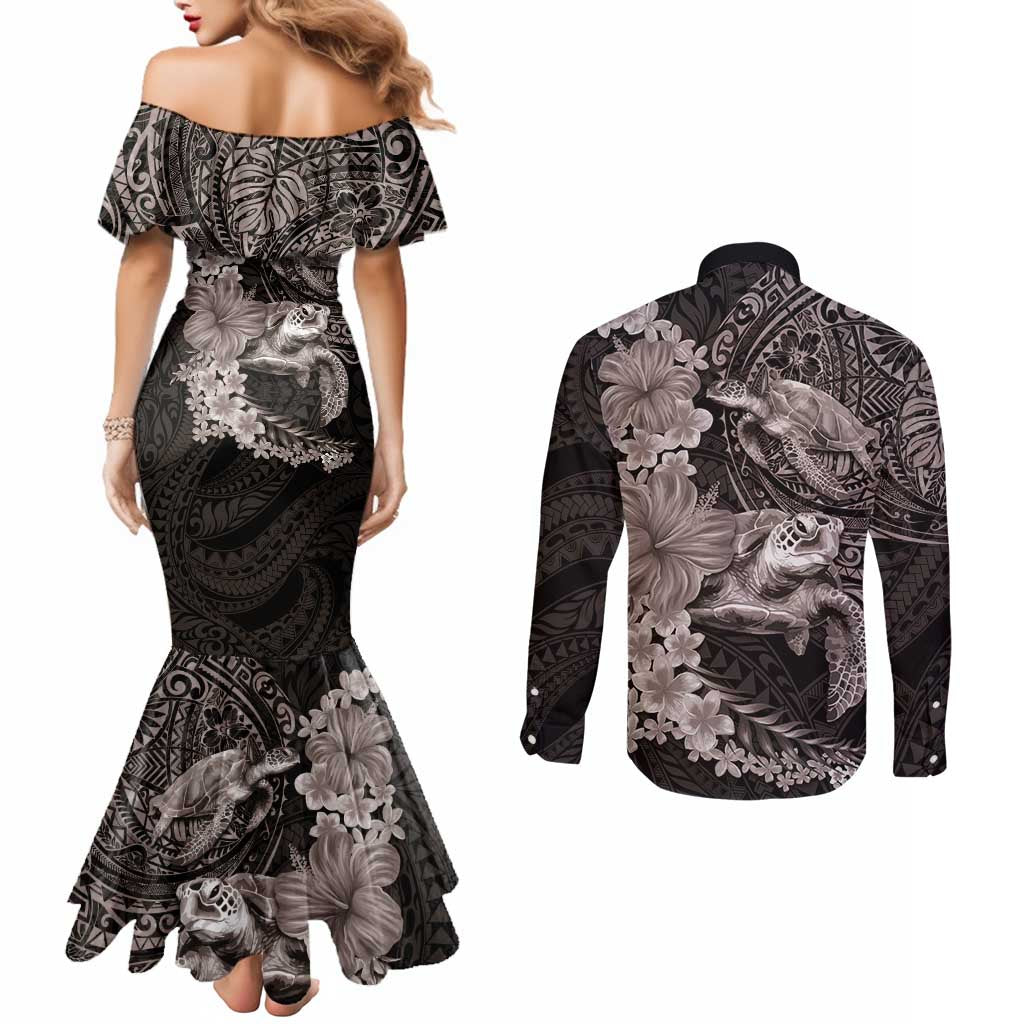 Hawaiian Plumeria and Hibiscus with Turtles Couples Matching Mermaid Dress and Long Sleeve Button Shirt Polynesian Art Grayscale - Polynesian Pride