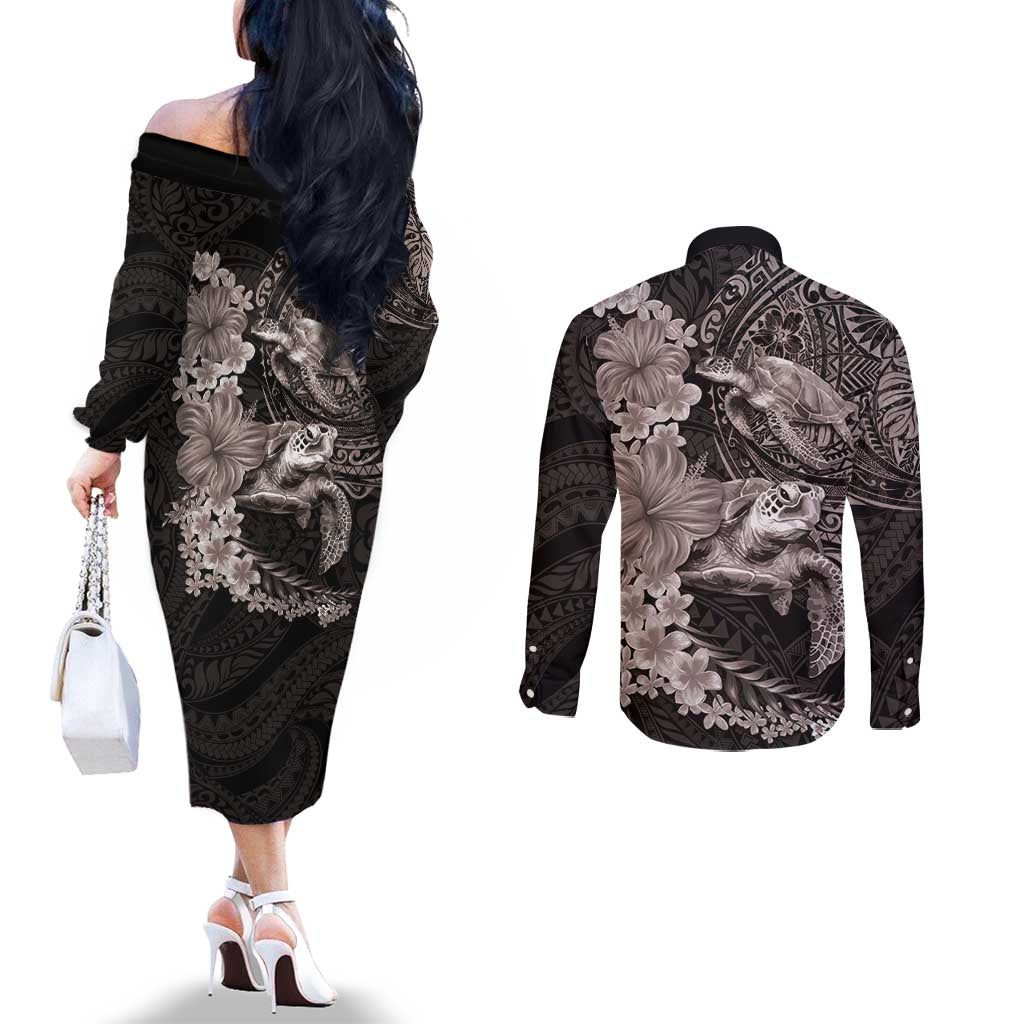 Hawaiian Plumeria and Hibiscus with Turtles Couples Matching Off The Shoulder Long Sleeve Dress and Long Sleeve Button Shirt Polynesian Art Grayscale - Polynesian Pride
