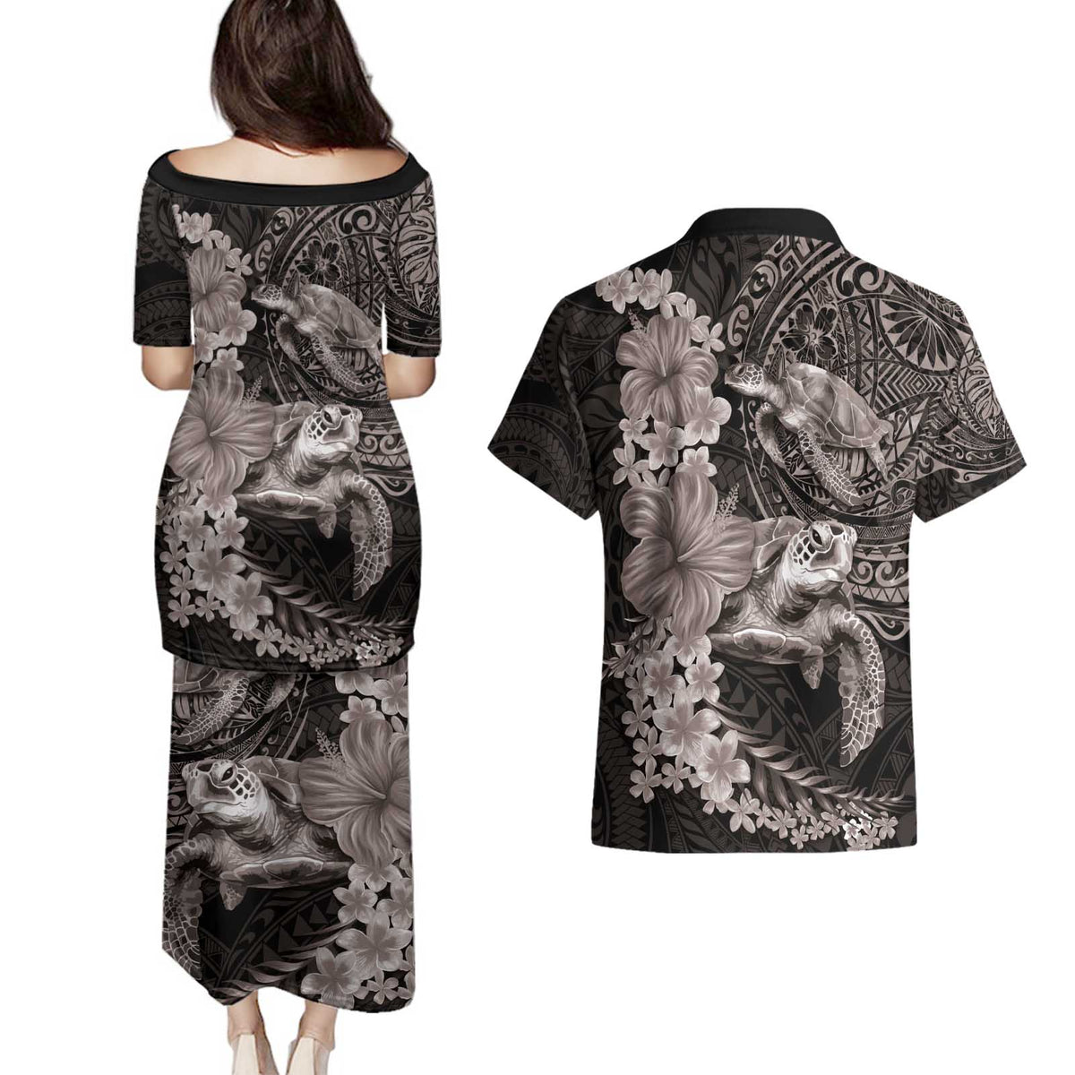 Hawaiian Plumeria and Hibiscus with Turtles Couples Matching Puletasi and Hawaiian Shirt Polynesian Art Grayscale - Polynesian Pride
