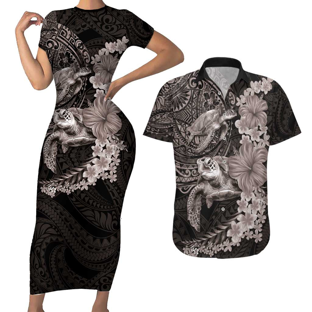 Hawaiian Plumeria and Hibiscus with Turtles Couples Matching Short Sleeve Bodycon Dress and Hawaiian Shirt Polynesian Art Grayscale - Polynesian Pride