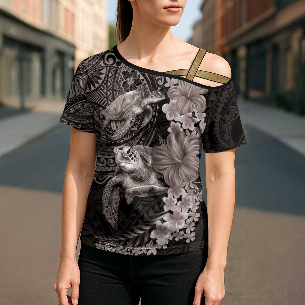 Hawaiian Plumeria and Hibiscus with Turtles Cross Shoulder Shirt Polynesian Art Grayscale - Polynesian Pride