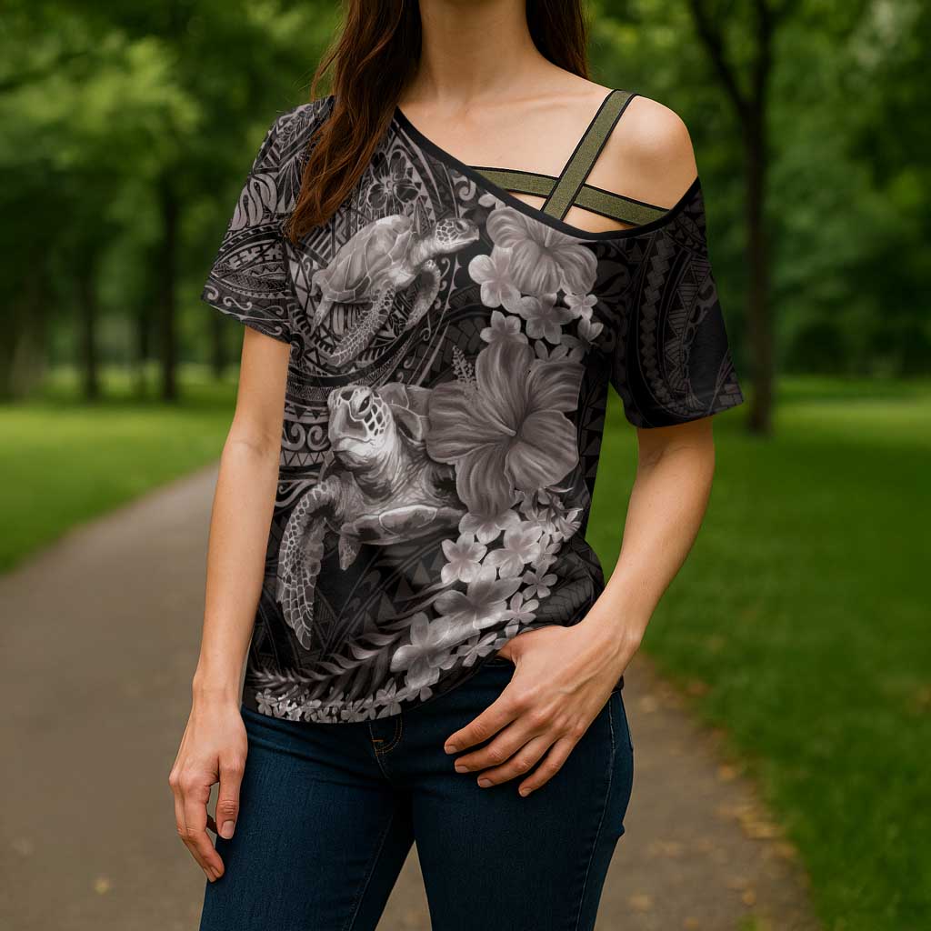 Hawaiian Plumeria and Hibiscus with Turtles Cross Shoulder Shirt Polynesian Art Grayscale - Polynesian Pride