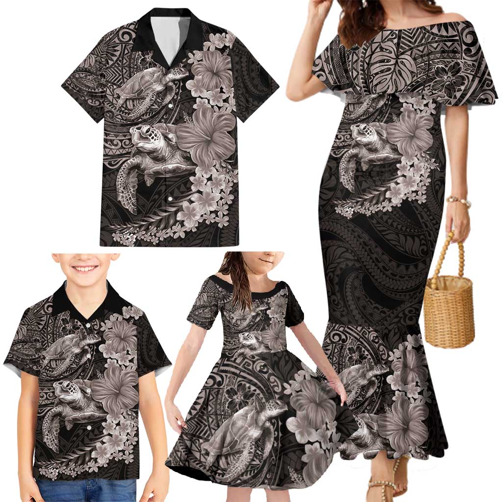Hawaiian Plumeria and Hibiscus with Turtles Family Matching Mermaid Dress and Hawaiian Shirt Polynesian Art Grayscale - Polynesian Pride