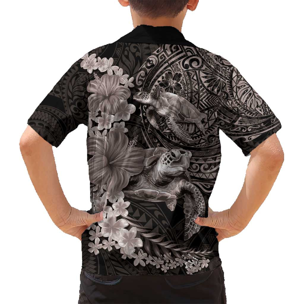 Hawaiian Plumeria and Hibiscus with Turtles Family Matching Off Shoulder Maxi Dress and Hawaiian Shirt Polynesian Art Grayscale - Polynesian Pride