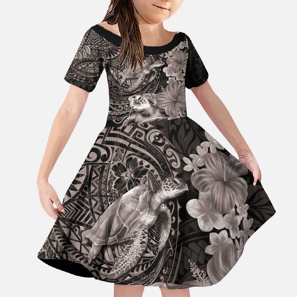 Hawaiian Plumeria and Hibiscus with Turtles Family Matching Off Shoulder Maxi Dress and Hawaiian Shirt Polynesian Art Grayscale - Polynesian Pride