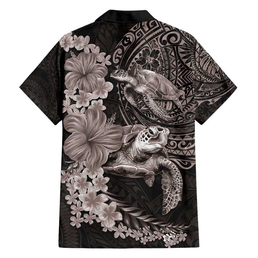 Hawaiian Plumeria and Hibiscus with Turtles Family Matching Off Shoulder Maxi Dress and Hawaiian Shirt Polynesian Art Grayscale - Polynesian Pride