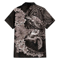Hawaiian Plumeria and Hibiscus with Turtles Family Matching Off Shoulder Maxi Dress and Hawaiian Shirt Polynesian Art Grayscale - Polynesian Pride