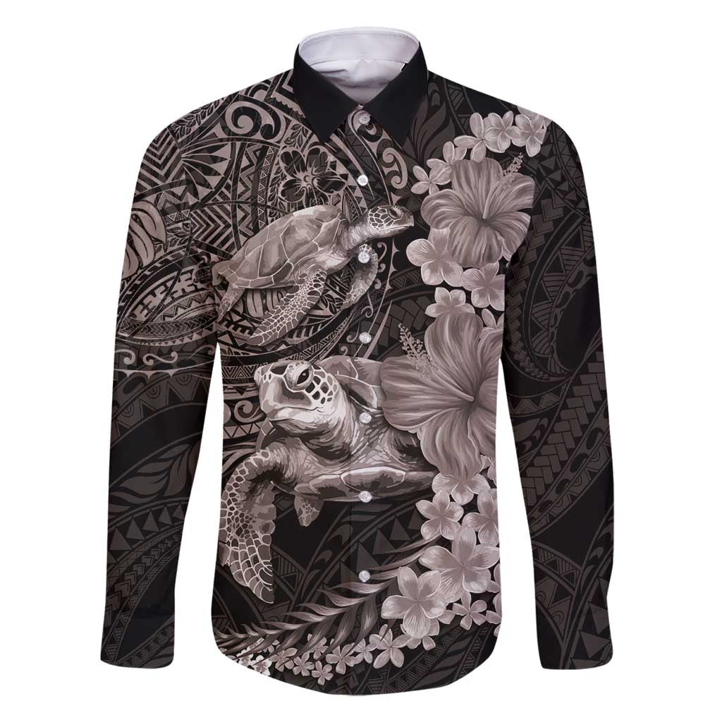 Hawaiian Plumeria and Hibiscus with Turtles Family Matching Off Shoulder Maxi Dress and Hawaiian Shirt Polynesian Art Grayscale - Polynesian Pride