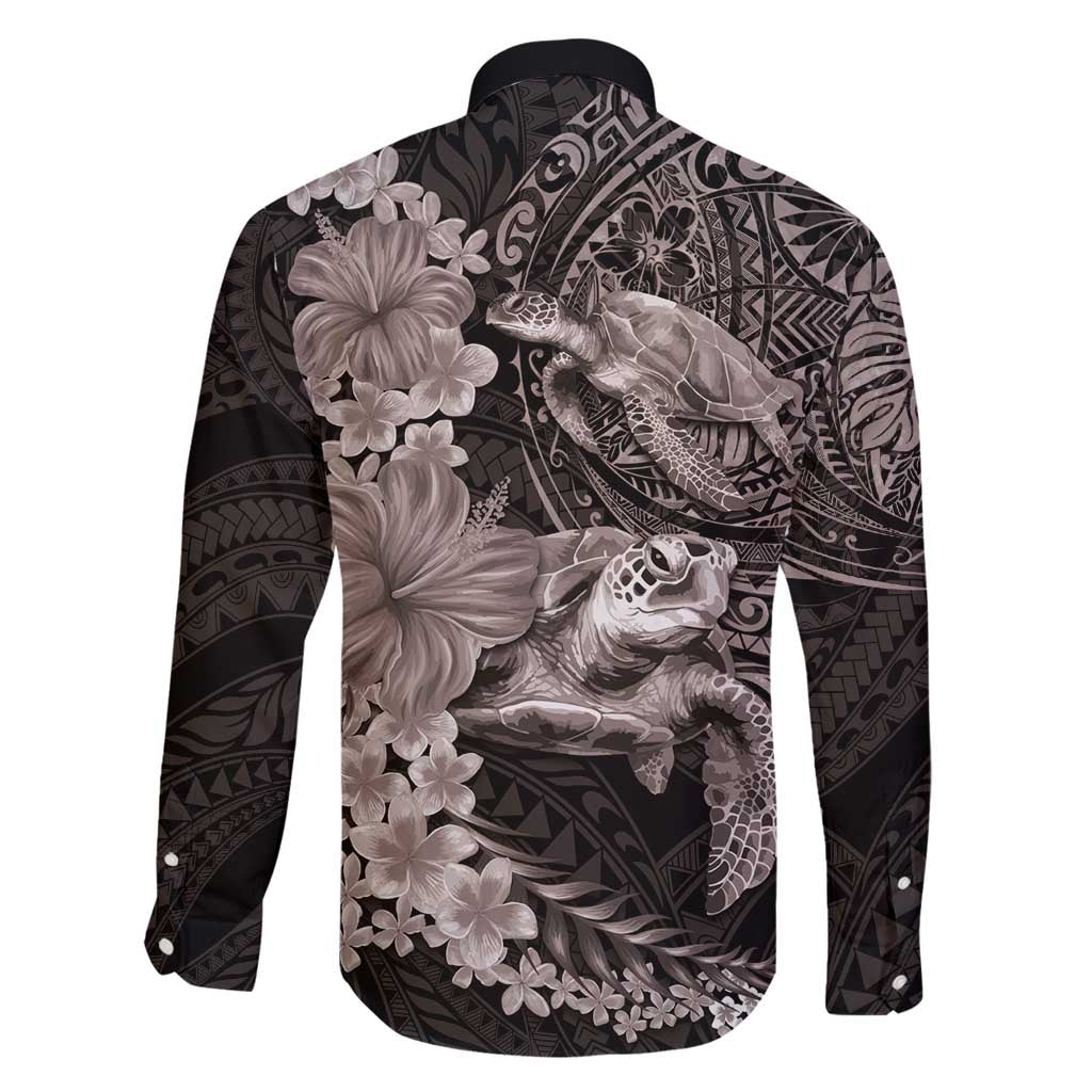 Hawaiian Plumeria and Hibiscus with Turtles Family Matching Off Shoulder Maxi Dress and Hawaiian Shirt Polynesian Art Grayscale - Polynesian Pride