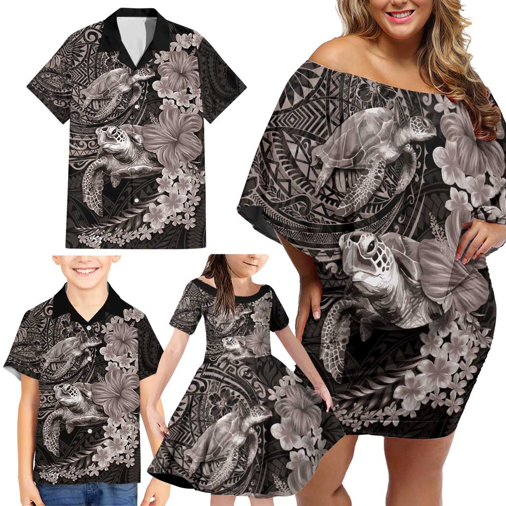 Hawaiian Plumeria and Hibiscus with Turtles Family Matching Off Shoulder Short Dress and Hawaiian Shirt Polynesian Art Grayscale - Polynesian Pride