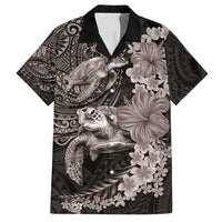 Hawaiian Plumeria and Hibiscus with Turtles Family Matching Off Shoulder Short Dress and Hawaiian Shirt Polynesian Art Grayscale - Polynesian Pride