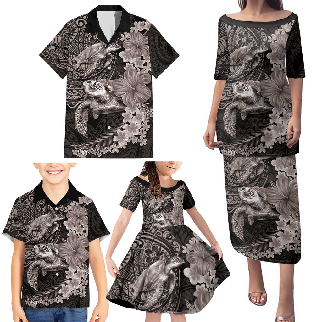 Hawaiian Plumeria and Hibiscus with Turtles Family Matching Puletasi and Hawaiian Shirt Polynesian Art Grayscale - Polynesian Pride