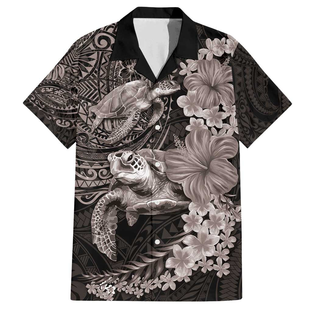 Hawaiian Plumeria and Hibiscus with Turtles Family Matching Puletasi and Hawaiian Shirt Polynesian Art Grayscale - Polynesian Pride