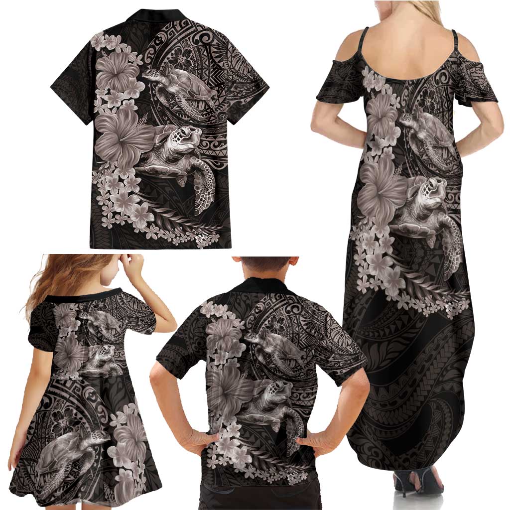 Hawaiian Plumeria and Hibiscus with Turtles Family Matching Summer Maxi Dress and Hawaiian Shirt Polynesian Art Grayscale - Polynesian Pride