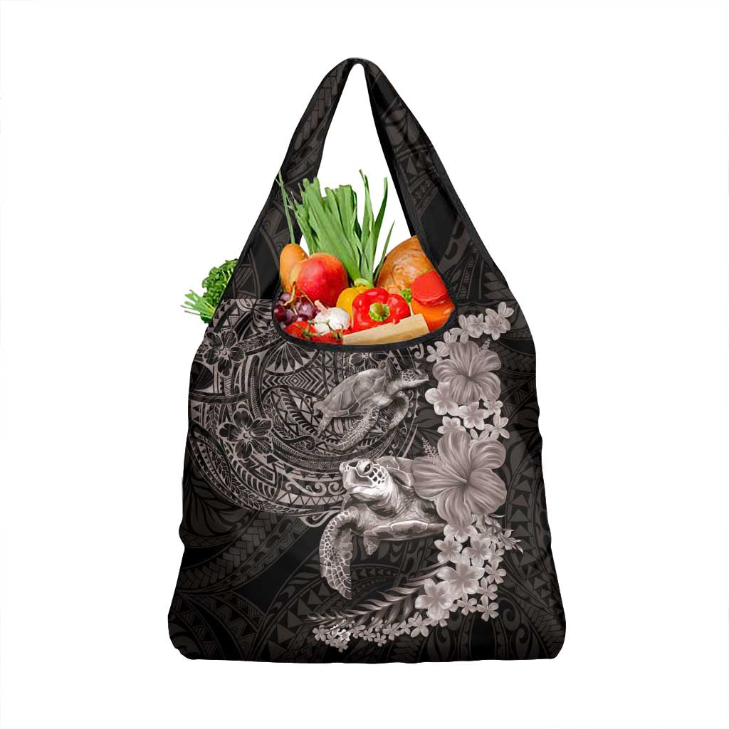 Hawaiian Plumeria and Hibiscus with Turtles Grocery Bag Polynesian Art Grayscale - Polynesian Pride