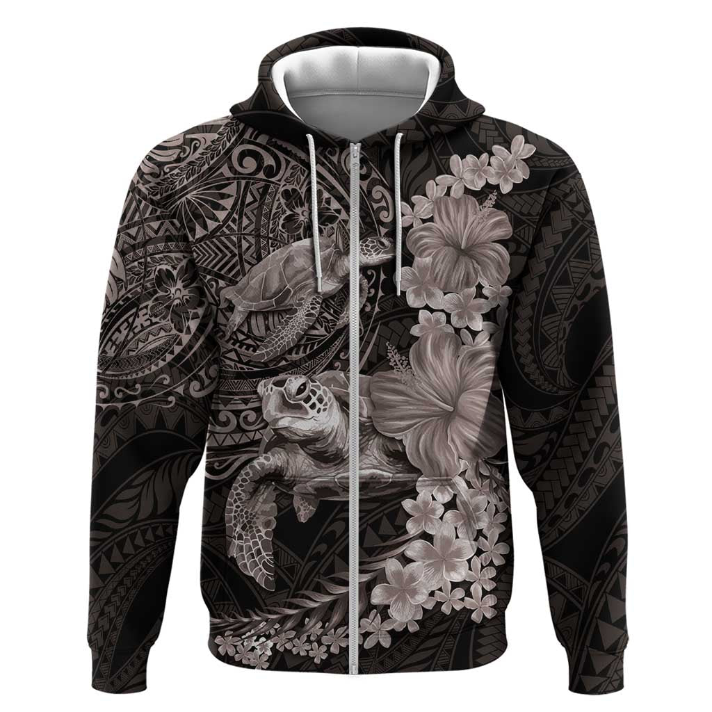 Hawaiian Plumeria and Hibiscus with Turtles Hoodie Polynesian Art Grayscale - Polynesian Pride