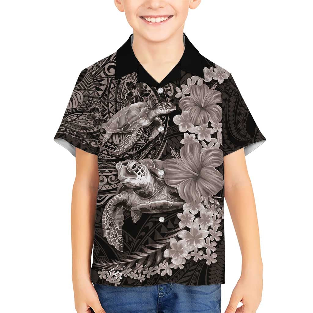 Hawaiian Plumeria and Hibiscus with Turtles Kid Hawaiian Shirt Polynesian Art Grayscale - Polynesian Pride