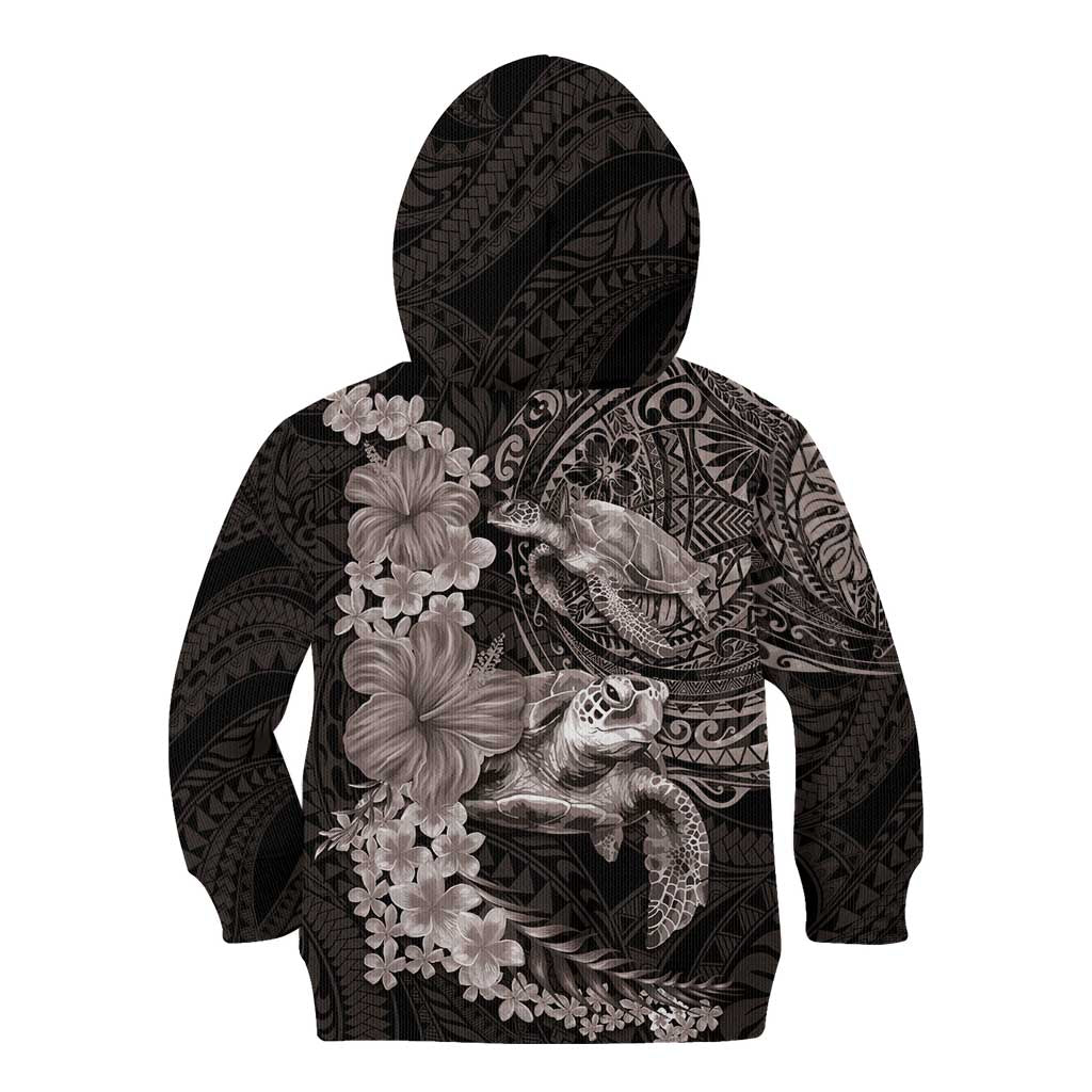 Hawaiian Plumeria and Hibiscus with Turtles Kid Hoodie Polynesian Art Grayscale - Polynesian Pride