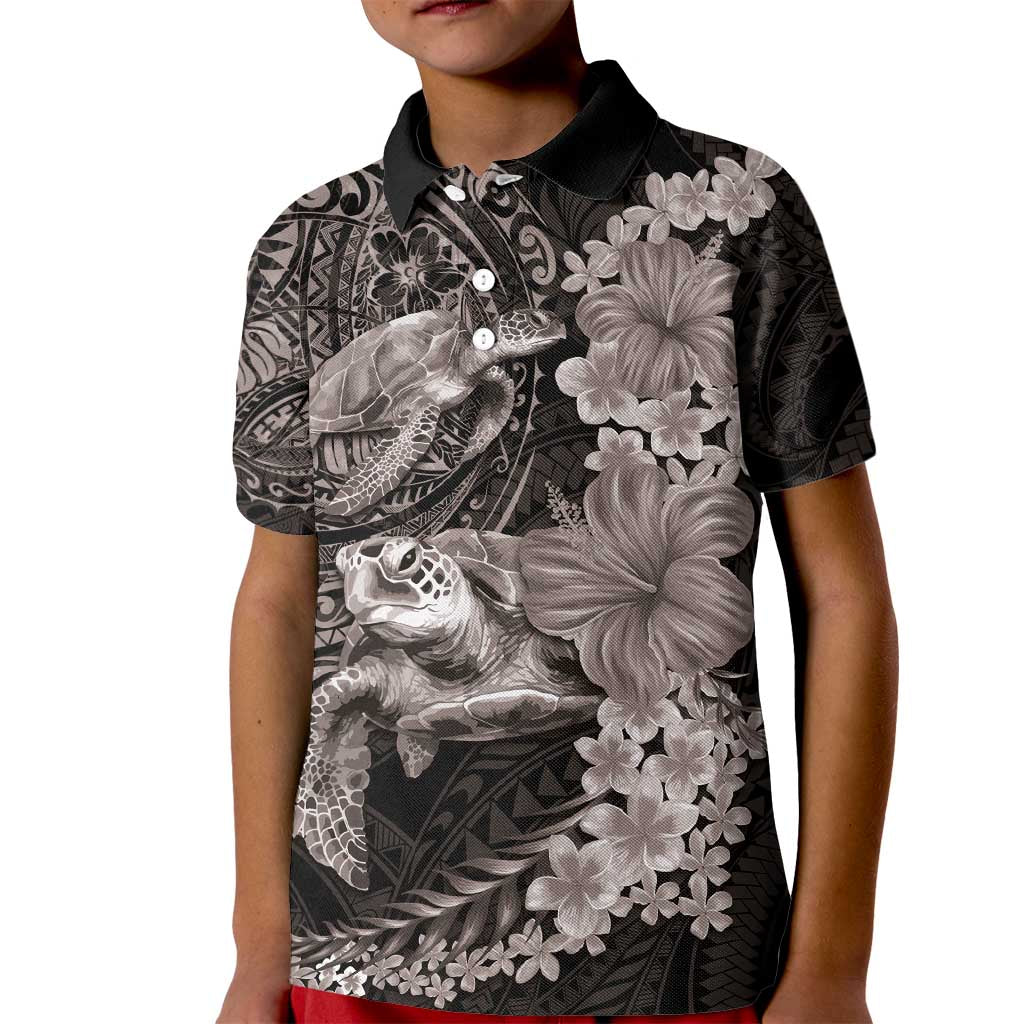 Hawaiian Plumeria and Hibiscus with Turtles Kid Polo Shirt Polynesian Art Grayscale - Polynesian Pride