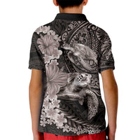 Hawaiian Plumeria and Hibiscus with Turtles Kid Polo Shirt Polynesian Art Grayscale - Polynesian Pride