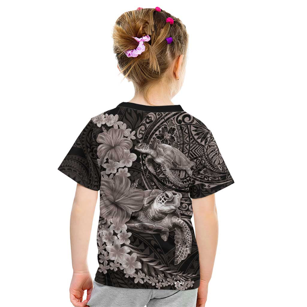 Hawaiian Plumeria and Hibiscus with Turtles Kid T Shirt Polynesian Art Grayscale - Polynesian Pride