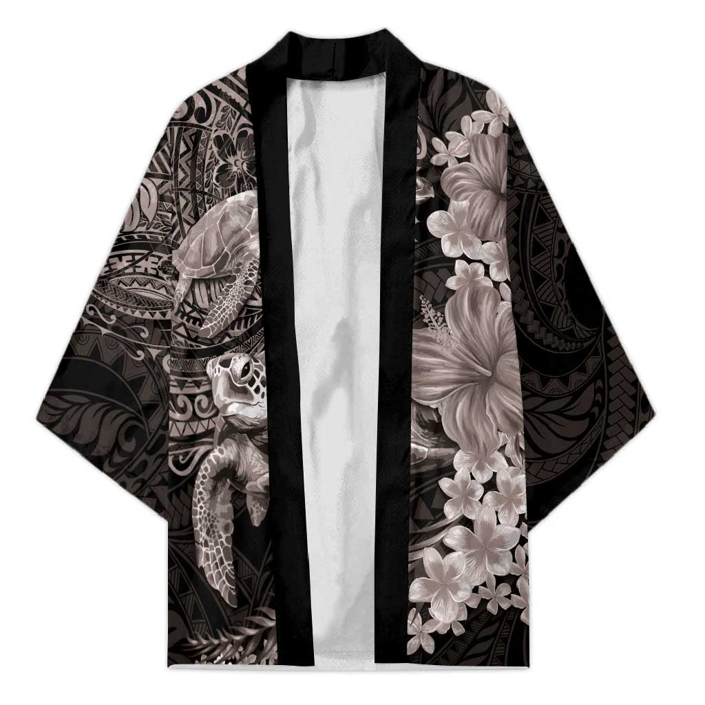 Hawaiian Plumeria and Hibiscus with Turtles Kimono Polynesian Art Grayscale - Polynesian Pride