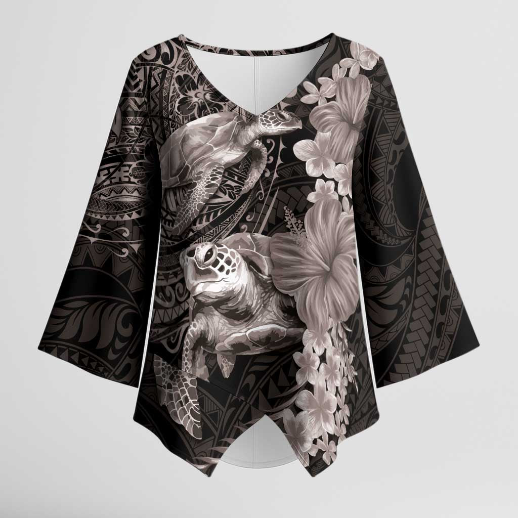 Hawaiian Plumeria and Hibiscus with Turtles Kimono Sleeve Blouse Polynesian Art Grayscale - Polynesian Pride