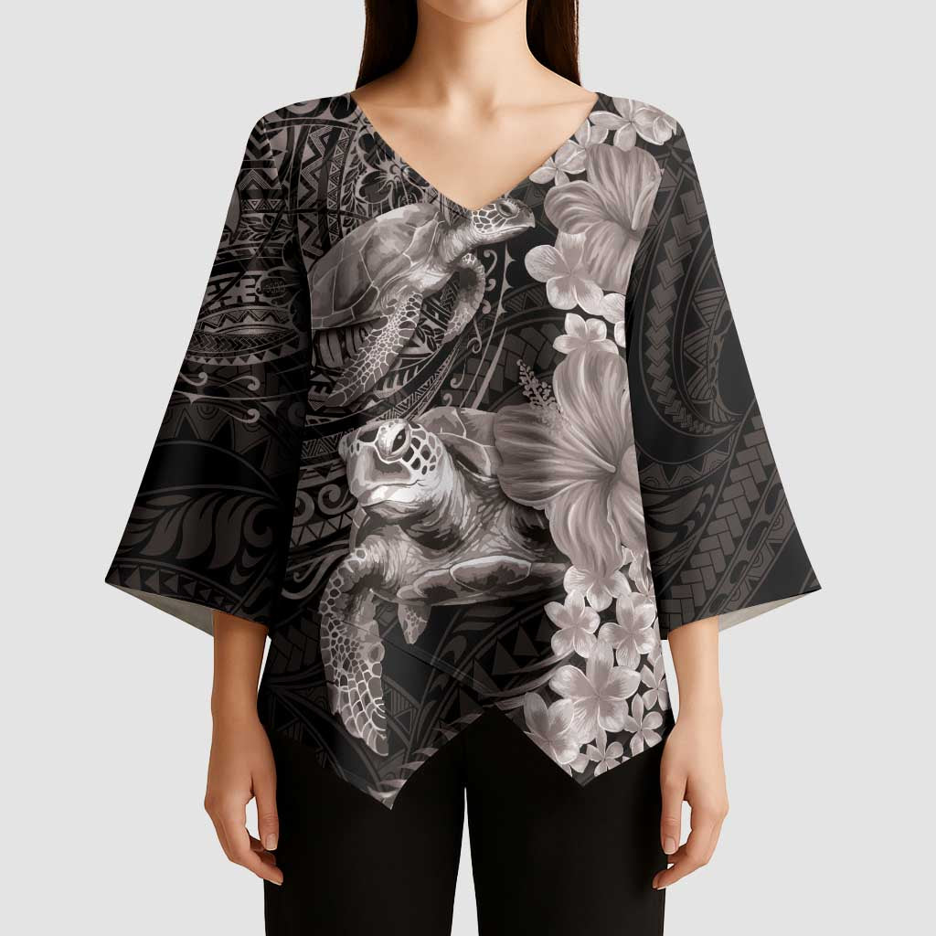 Hawaiian Plumeria and Hibiscus with Turtles Kimono Sleeve Blouse Polynesian Art Grayscale - Polynesian Pride