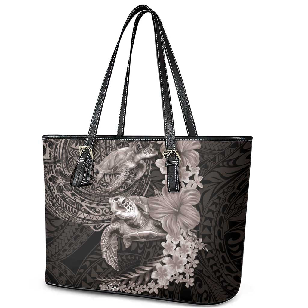 Hawaiian Plumeria and Hibiscus with Turtles Leather Tote Bag Polynesian Art Grayscale - Polynesian Pride