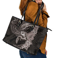 Hawaiian Plumeria and Hibiscus with Turtles Leather Tote Bag Polynesian Art Grayscale - Polynesian Pride