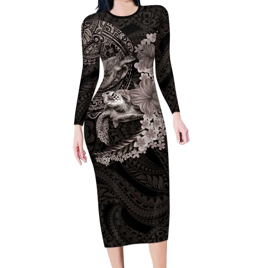 Hawaiian Plumeria and Hibiscus with Turtles Long Sleeve Bodycon Dress Polynesian Art Grayscale - Polynesian Pride