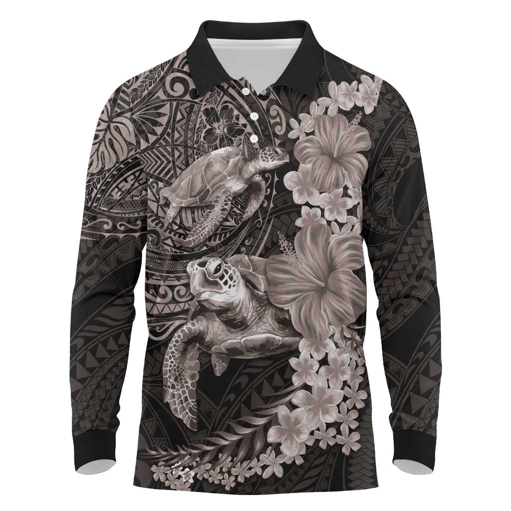 Hawaiian Plumeria and Hibiscus with Turtles Long Sleeve Polo Shirt Polynesian Art Grayscale - Polynesian Pride