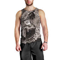 Hawaiian Plumeria and Hibiscus with Turtles Men Tank Top Polynesian Art Grayscale - Polynesian Pride