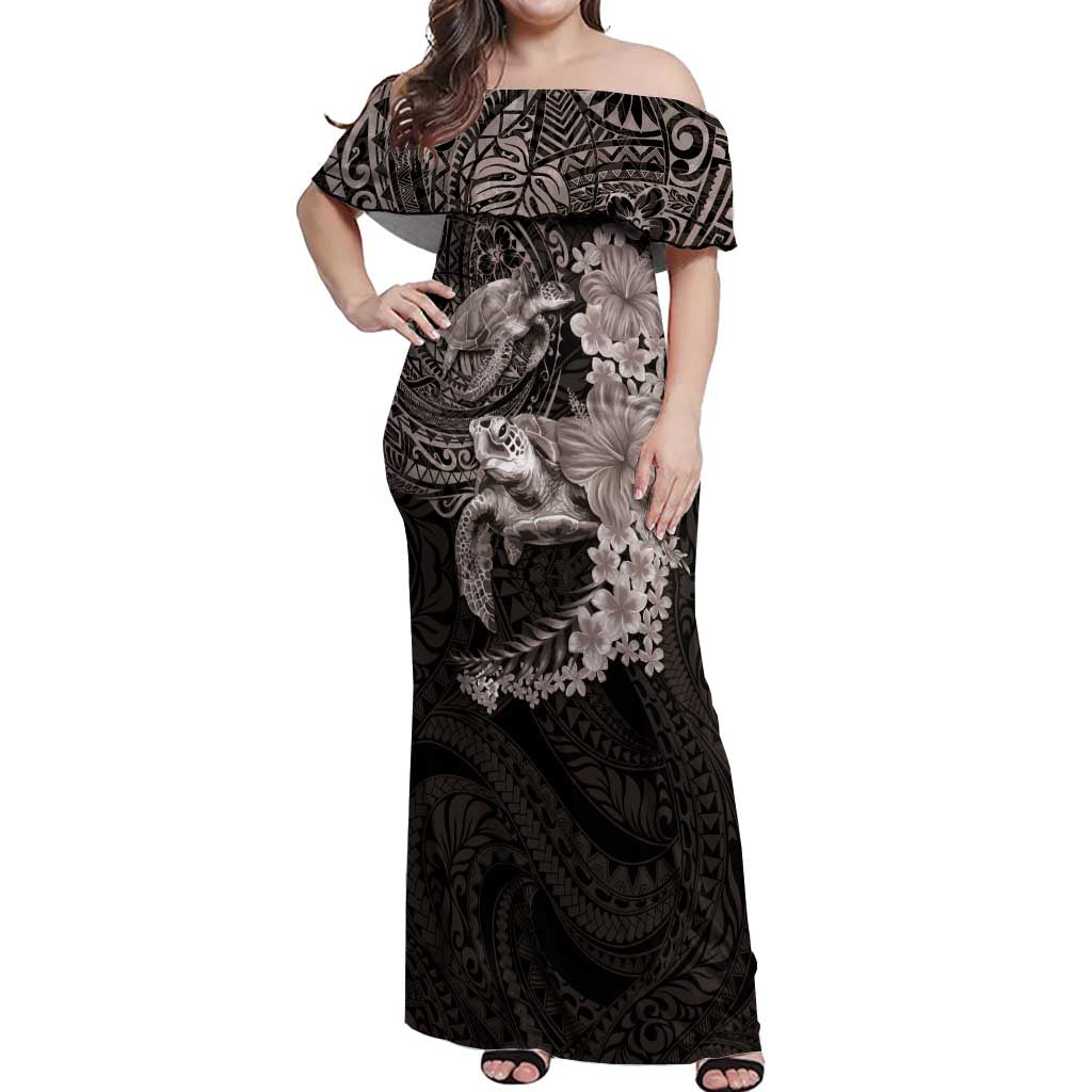Hawaiian Plumeria and Hibiscus with Turtles Off Shoulder Maxi Dress Polynesian Art Grayscale - Polynesian Pride