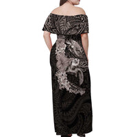 Hawaiian Plumeria and Hibiscus with Turtles Off Shoulder Maxi Dress Polynesian Art Grayscale - Polynesian Pride