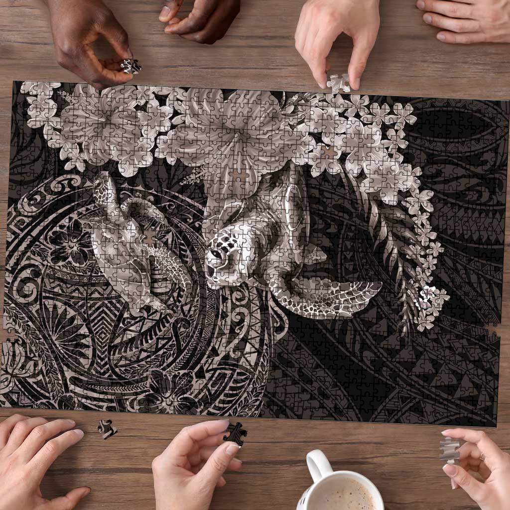Hawaiian Plumeria and Hibiscus with Turtles Puzzle Polynesian Art Grayscale - Polynesian Pride