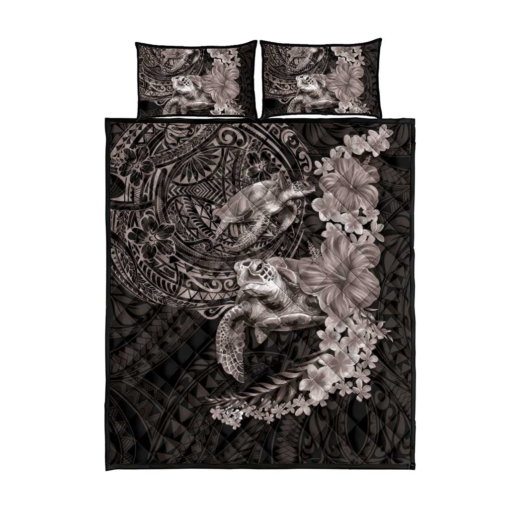 Hawaiian Plumeria and Hibiscus with Turtles Quilt Bed Set Polynesian Art Grayscale - Polynesian Pride