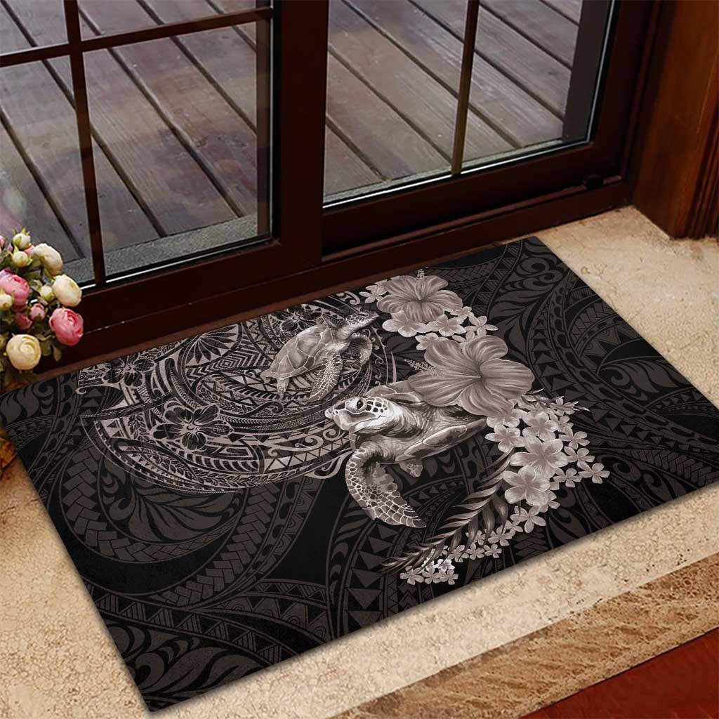 Hawaiian Plumeria and Hibiscus with Turtles Rubber Doormat Polynesian Art Grayscale - Polynesian Pride