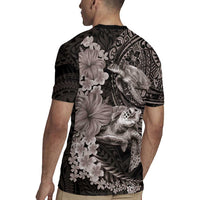 Hawaiian Plumeria and Hibiscus with Turtles Rugby Jersey Polynesian Art Grayscale - Polynesian Pride