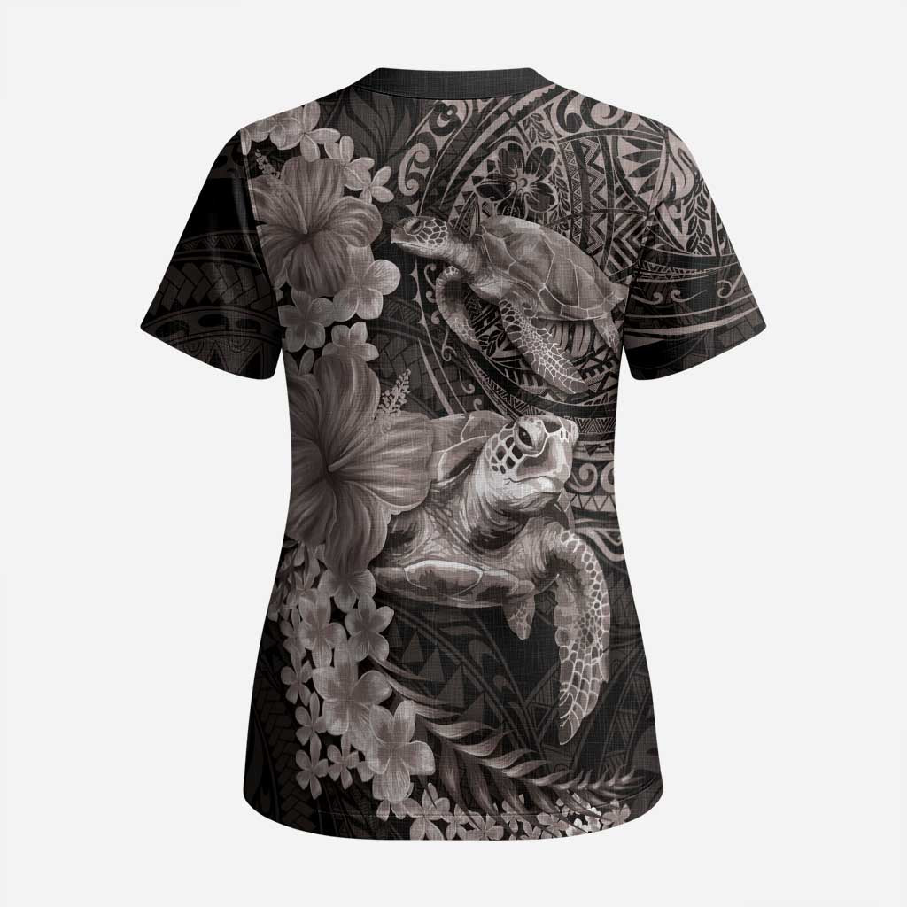 Hawaiian Plumeria and Hibiscus with Turtles Scrub Top Polynesian Art Grayscale - Polynesian Pride